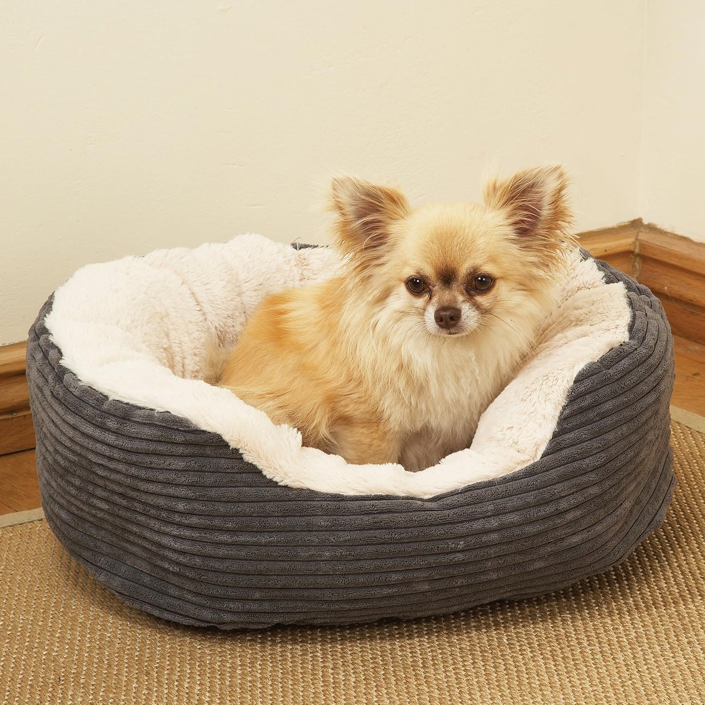 Rosewood Grey Jumbo Cord/Plush Oval Dog Bed, Small - Comfort Style