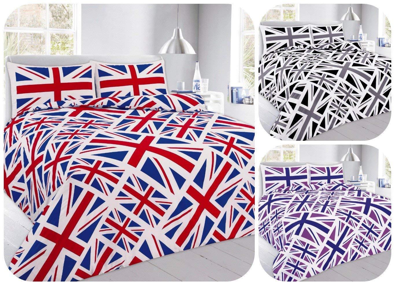 Nightzone New UNION JACK or England Flag ~ Duvet Cover Bedding Set with FREE Pillow Cases ~ Printed PolyCotton COLORS Red, Black & Purple ~ UK SIZES (KING, Union Jack- PURPLE) - Comfort Style