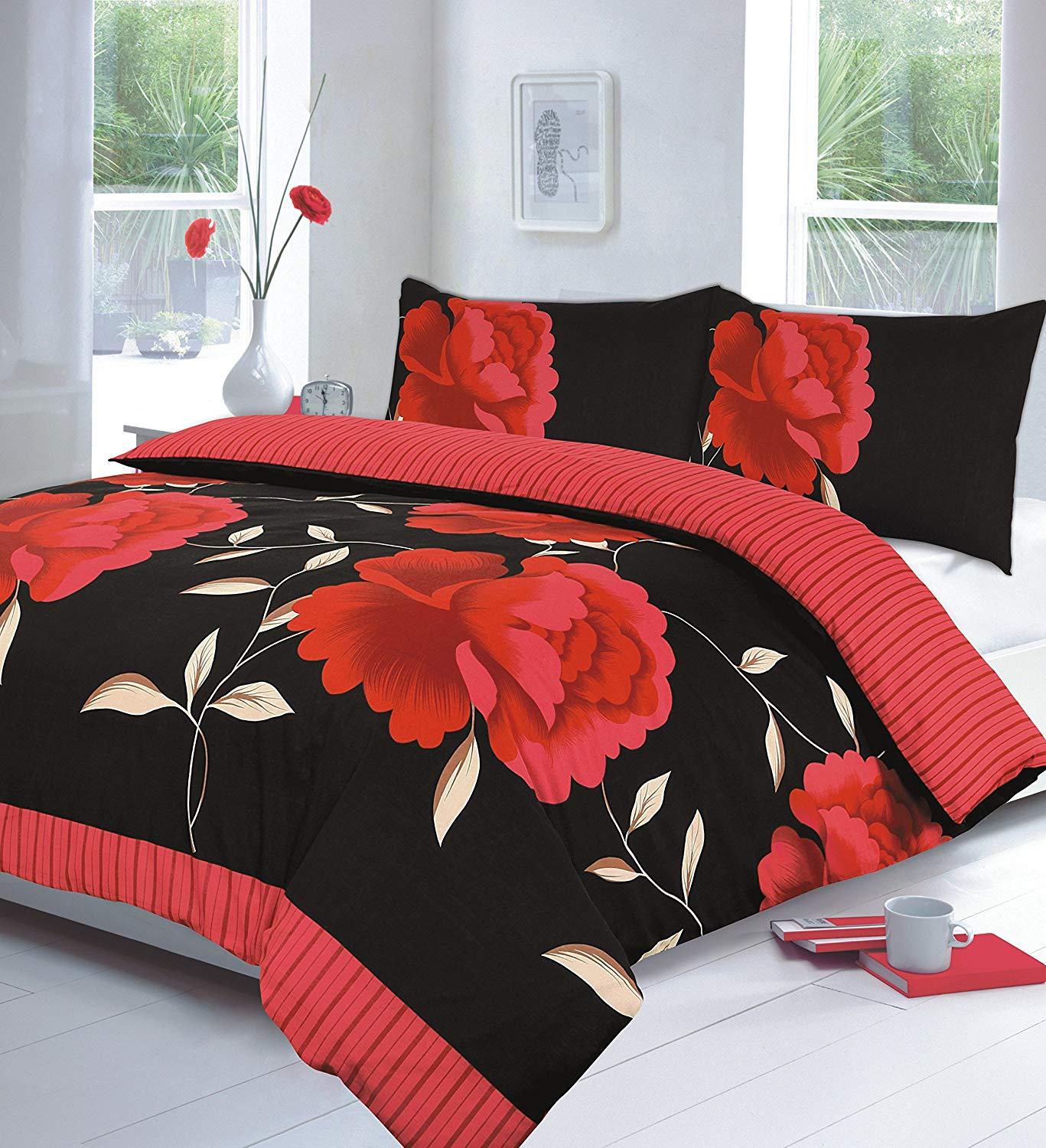 Flowery “ROSALEEN” Red-Black Duvet Cover Set, PolyCotton - Comfort Style