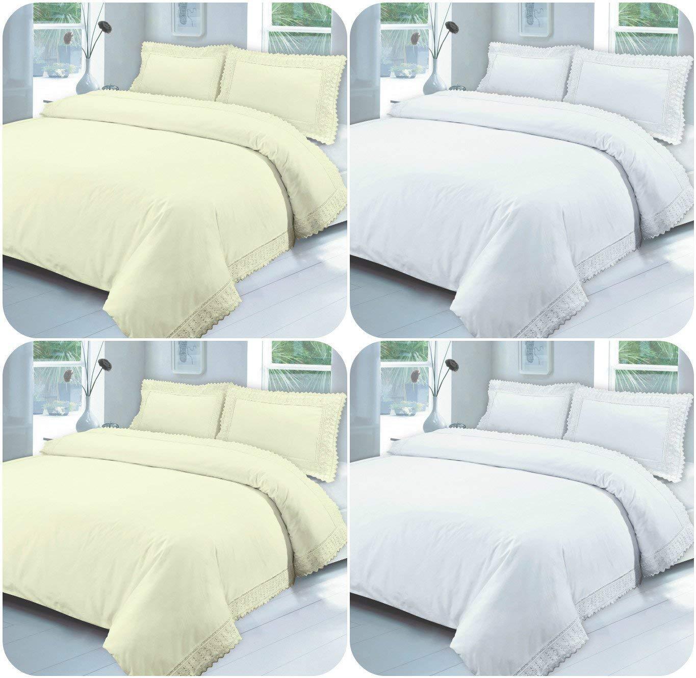 Luxurious Lace Embroidery DUVET COVER SET with Pillowcases ~ 100% Cotton Super Quality 200 THREAD COUNT Broderie Bedding Sets (White, DOUBLE Duvet Set) - Comfort Style