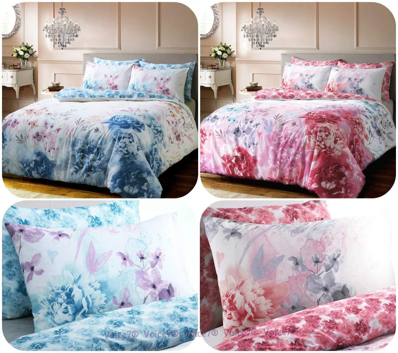 Luxurious Bold Painted Floral Reversible DUVET COVER SET with Pillowcases ~ Printed PolyCotton Fabric UK SIZES (Floral - Blue, King DUVET SET) - Comfort Style
