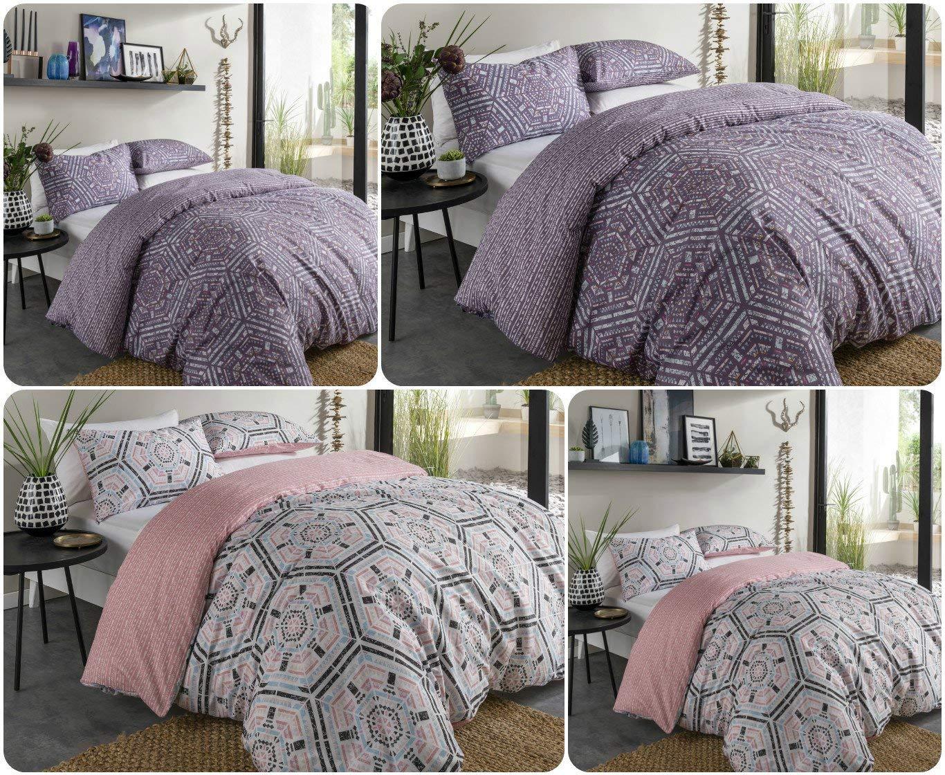 Luxury GEO AZTEC Duvet Cover + 2 Pillowcases ~ Printed Polycotton PLAIN DYED Bedding Set ~ UK SIZES (AZTEC - Purple, Single) - Comfort Style