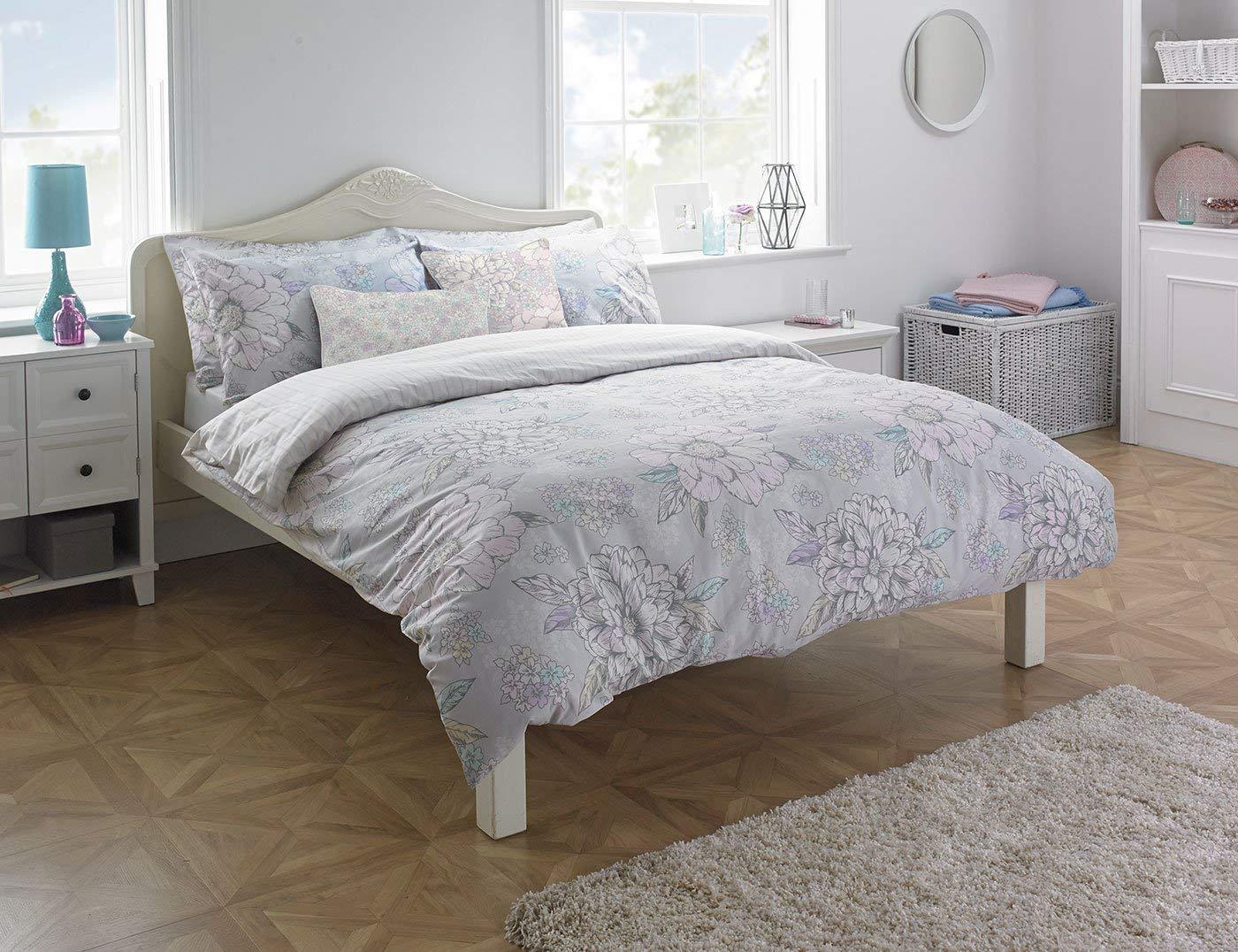 Decent FLORA Pastel Duvet Cover Set with Matching Pillowcases ( Super 180 THREAD COUNT ) FLORAL design Duvet Cover + 2 Pillowcases ~ UK SIZES (PASTEL, SUPER KING) - Comfort Style