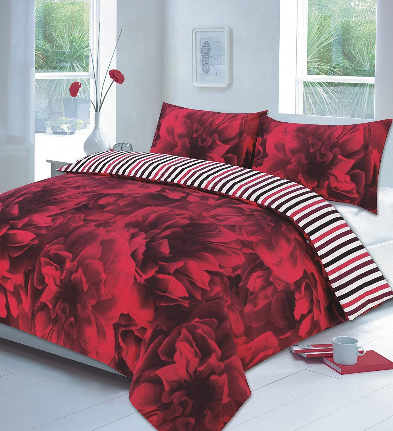 Romantic ROSE Red DUVET SET - Duvet / Quilt Cover + 2 Romantic Pillow Cases, Linen Bedding POLYCOTON, Standard UK SIZES, Single, Double, King & Super King (DOUBLE, ROSE - RED) - Comfort Style