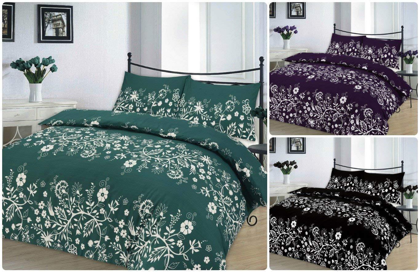 XMAS Reversible Floral CHARLOTTE Duvet Cover Set with Pillowcases ~ CHRISTMAS GIFT IDEA ~ Printed PolyCotton 3 Colors (Black, Super King) - Comfort Style
