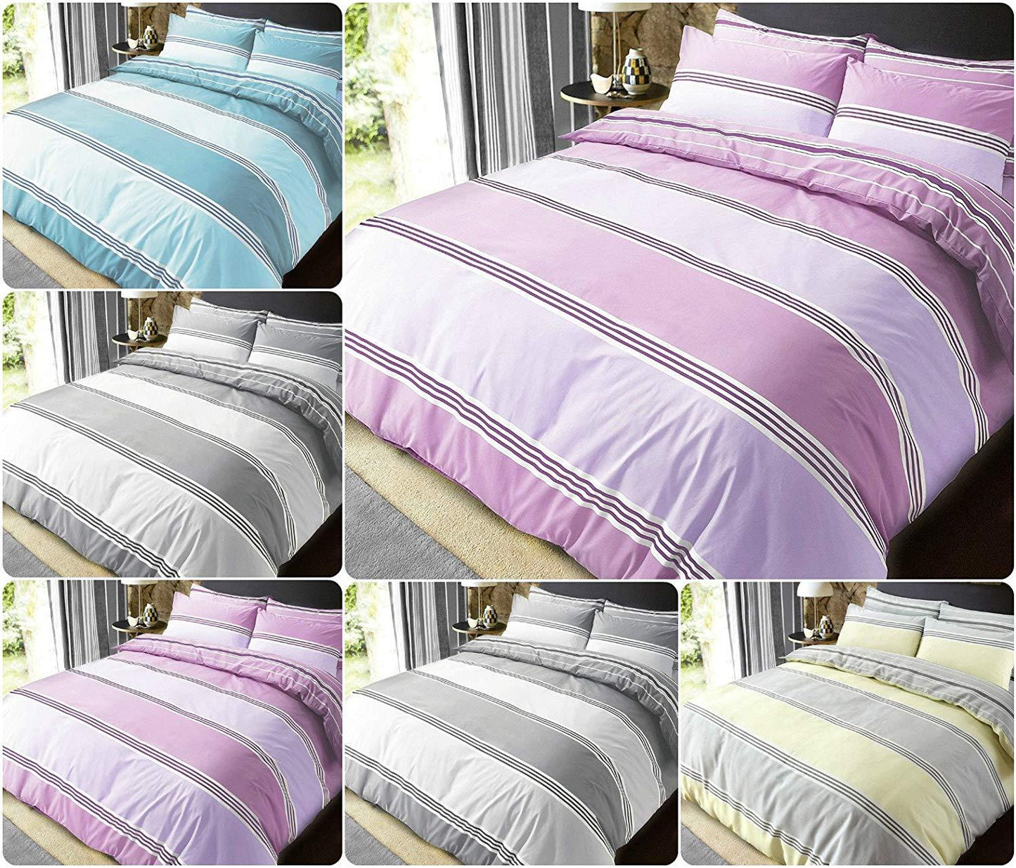 Modern Duvet Cover Set BANDED STRIPES with matching Pillowcases ~ Reversible Printed PolyCotton Bedding Set (Grey/Yellow, Double Duvet Set) - Comfort Style