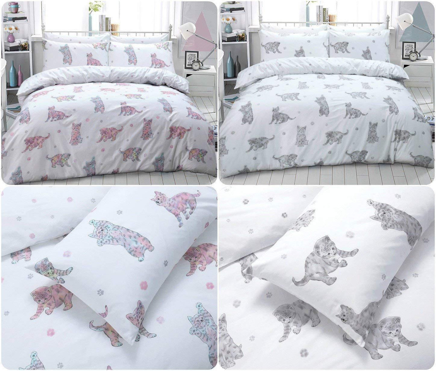 New Stylish TABBY CAT Reversible Duvet Quilt Cover with Matching Housewife Pillowcases | Cute Kitten Animal Printed PolyCotton Bedding Set | UK SIZES (Multi CAT, King Duvet Set) - Comfort Style