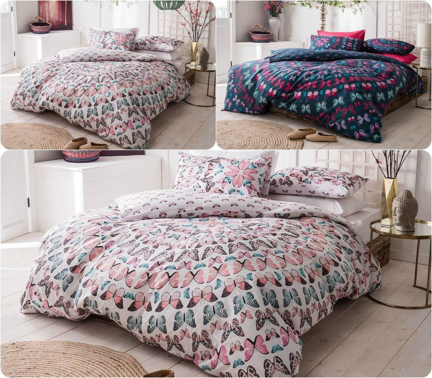 Luxurious BUTTERFLY MANDALA Linen DUVET COVER + Matching Pillowcases ~ Printed PolyCotton Reversible Duvet Set (Multi Pastel, King Duvet Set) - Comfort Style