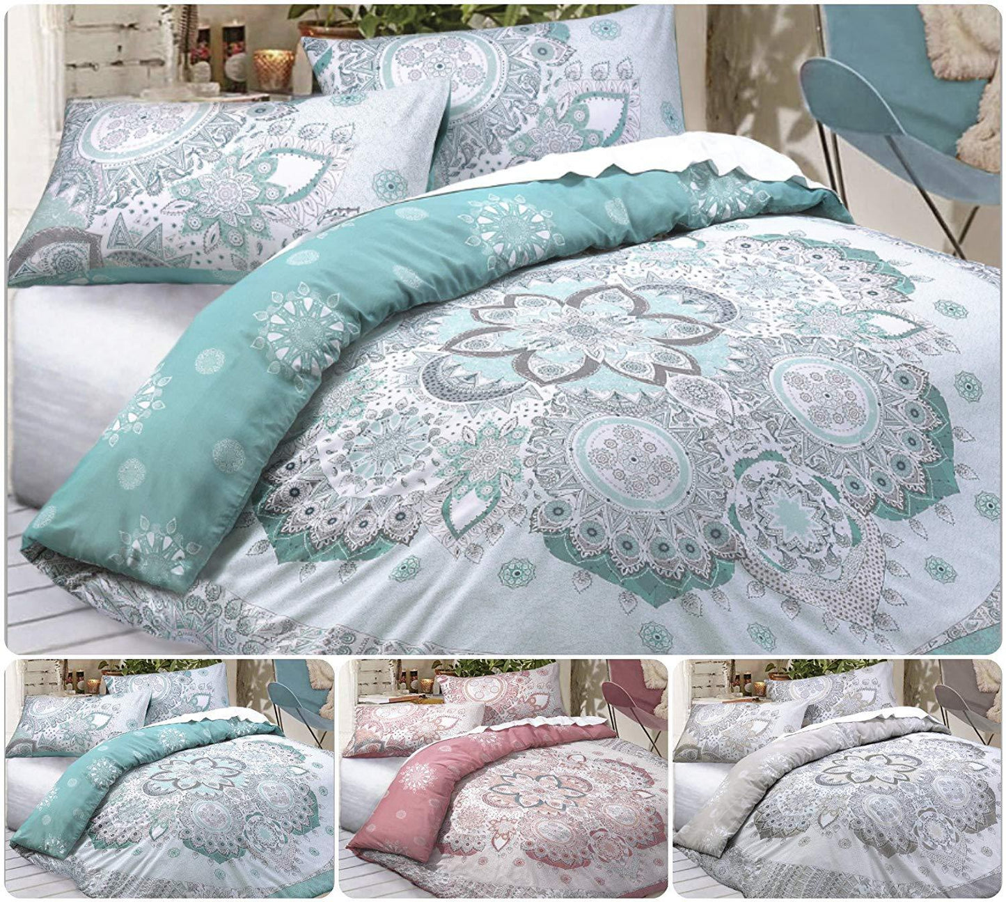 Luxury CELESTIAL MANDALA PolyCotton Reversible Quilt Duvet Cover + Matching Pillowcases | Floral Printed Bed Set | 3 Colors & UK SIZES (Natural/Grey, King Duvet Set) - Comfort Style
