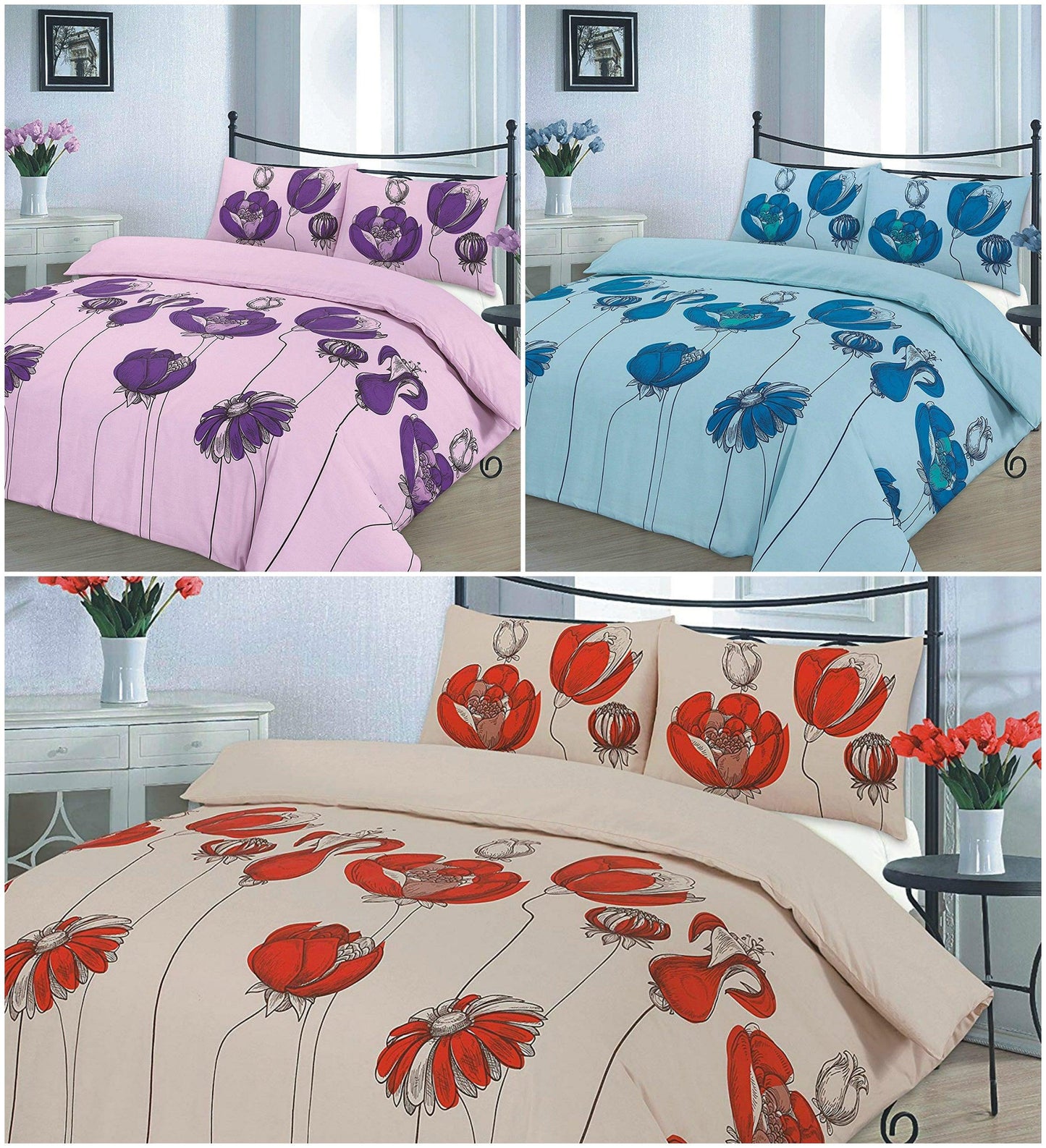 Lovely SCARLET Flowery DUVET SET - Sophisticated Duvet / Quilt Cover with 2 Matching Pillow Cases - POLYCOTON ALL Standard UK SIZES - Comfort Style