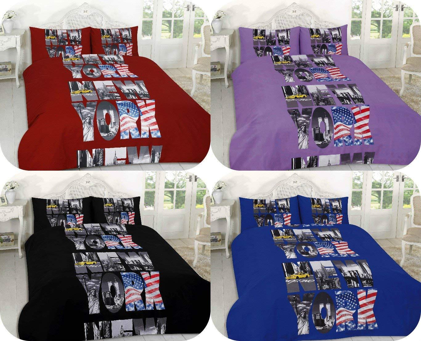 NEW Luxury 3pc DUVET QUILT Cover Set ~ NEW YORK NEW YORK ~ Printed POLYCOTTON ~ Black, Blue, Purple, Red ~ UK SIZES - Comfort Style