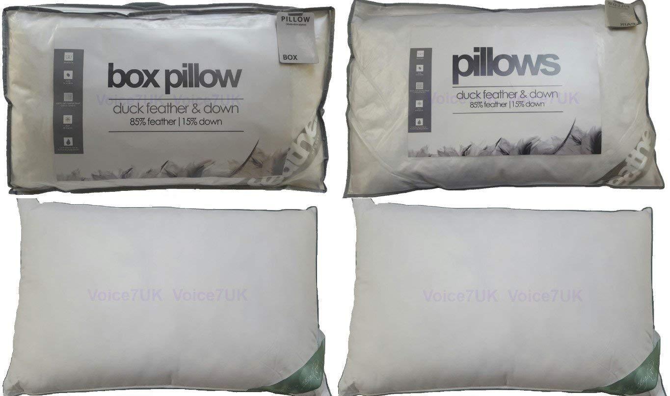 NEW Duck Feather & Down BOX PILLOW (One Pillow) ---- OR ----- Duck Feather & Down PILLOW PAIR ~ 85% FEATHER & 15% DOWN ~ Extra Filling Comfort ~ Standard UK Sizes - Comfort Style