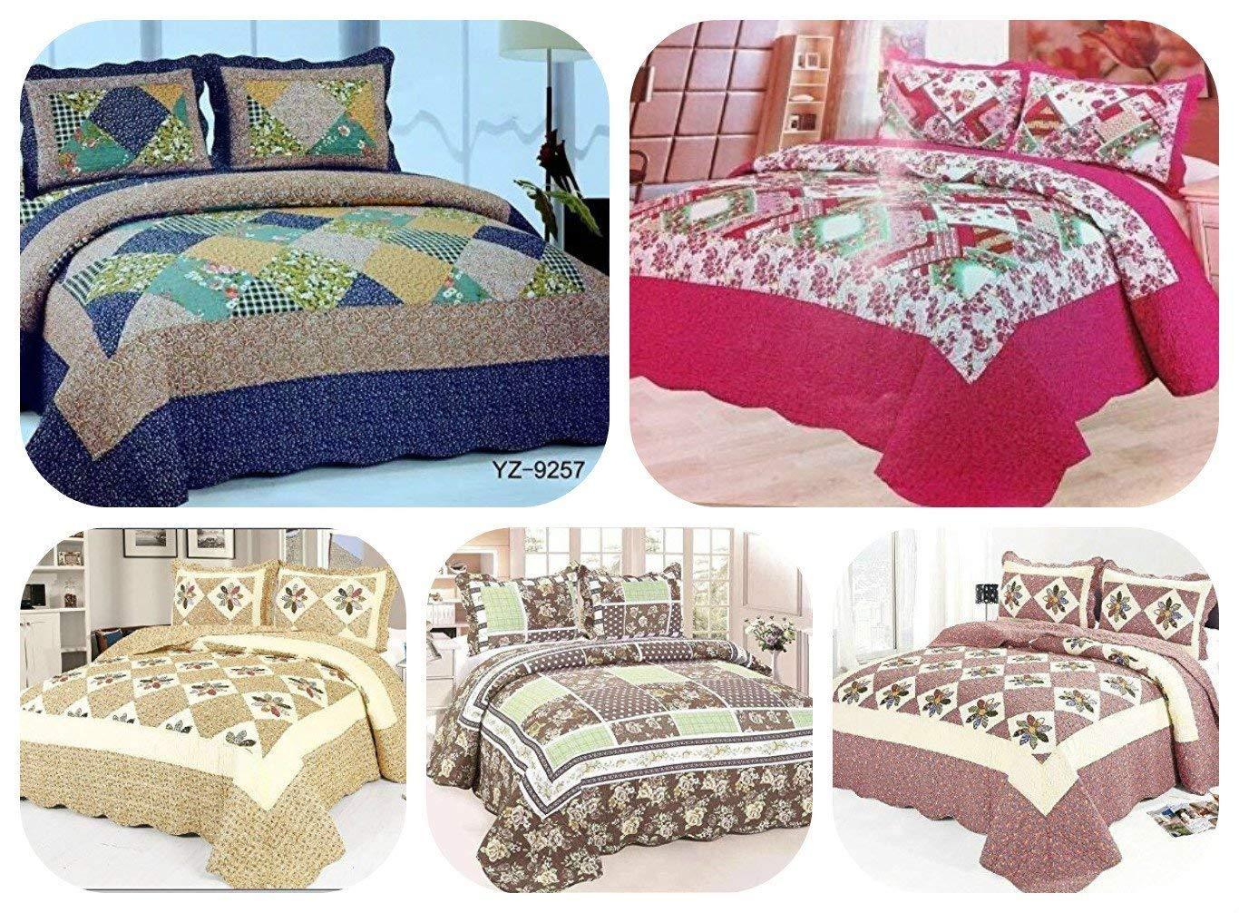 Luxury 100% COTTON Bedspread + 2 Matching Pillow Cases FREE, QUILTED PATCHWORK Super Quality - ONE SIZE FITS DOUBLE & KING SIZE - Comfort Style