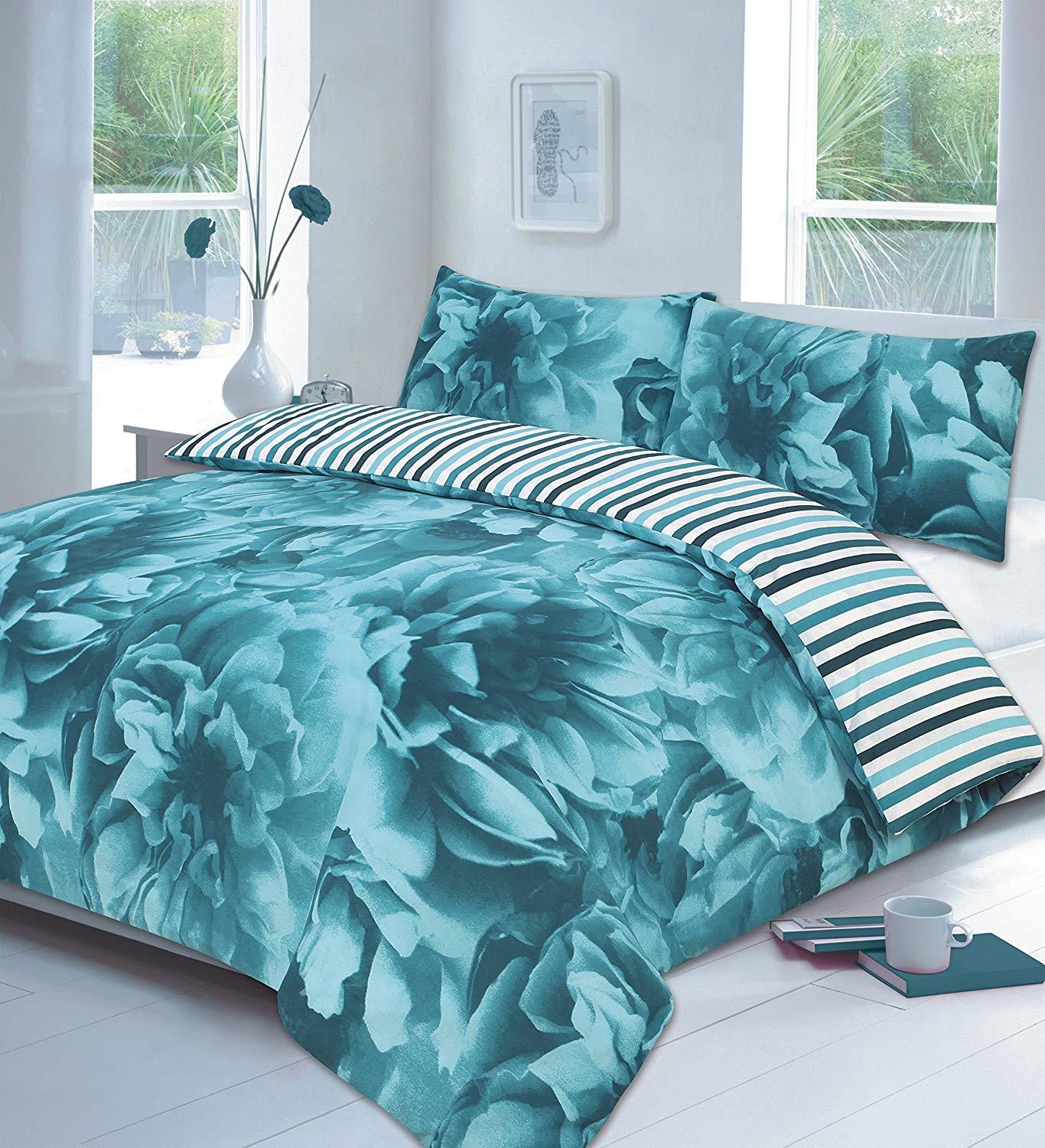 ROSE Teal Romantic DUVET SET - Duvet / Quilt Cover plus 2 Matching Pillow Cases, POLYCOTON Linen Bedding, SINGLE DOUBLE KING & SUPER KING, uk sizes - Comfort Style