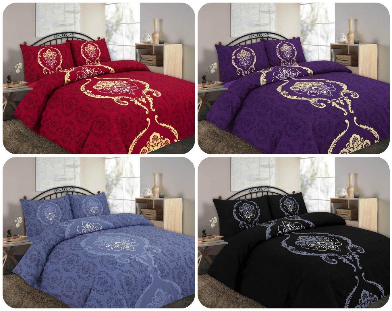 Nightzone Luxury 3pc Dominic Printed DUVET QUILT COVER SETS ~ FREE Pillowcases Polycotton Fabric ~ 4 COLORS, Black Grey Purple & Red ~ UK SIZES - Comfort Style