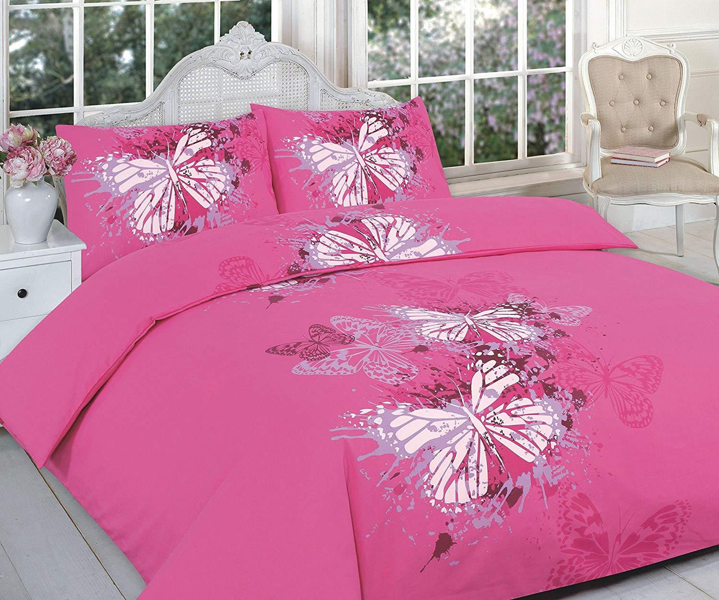 SUPER LUXURY QUILT / DUVET COVER SET WITH LUXURY PILLOW CASES POLY COTTON BUTTERFLY-PINK NEW UK SIZES (SUPER KING, BUTTERFLY-PINK) - Comfort Style