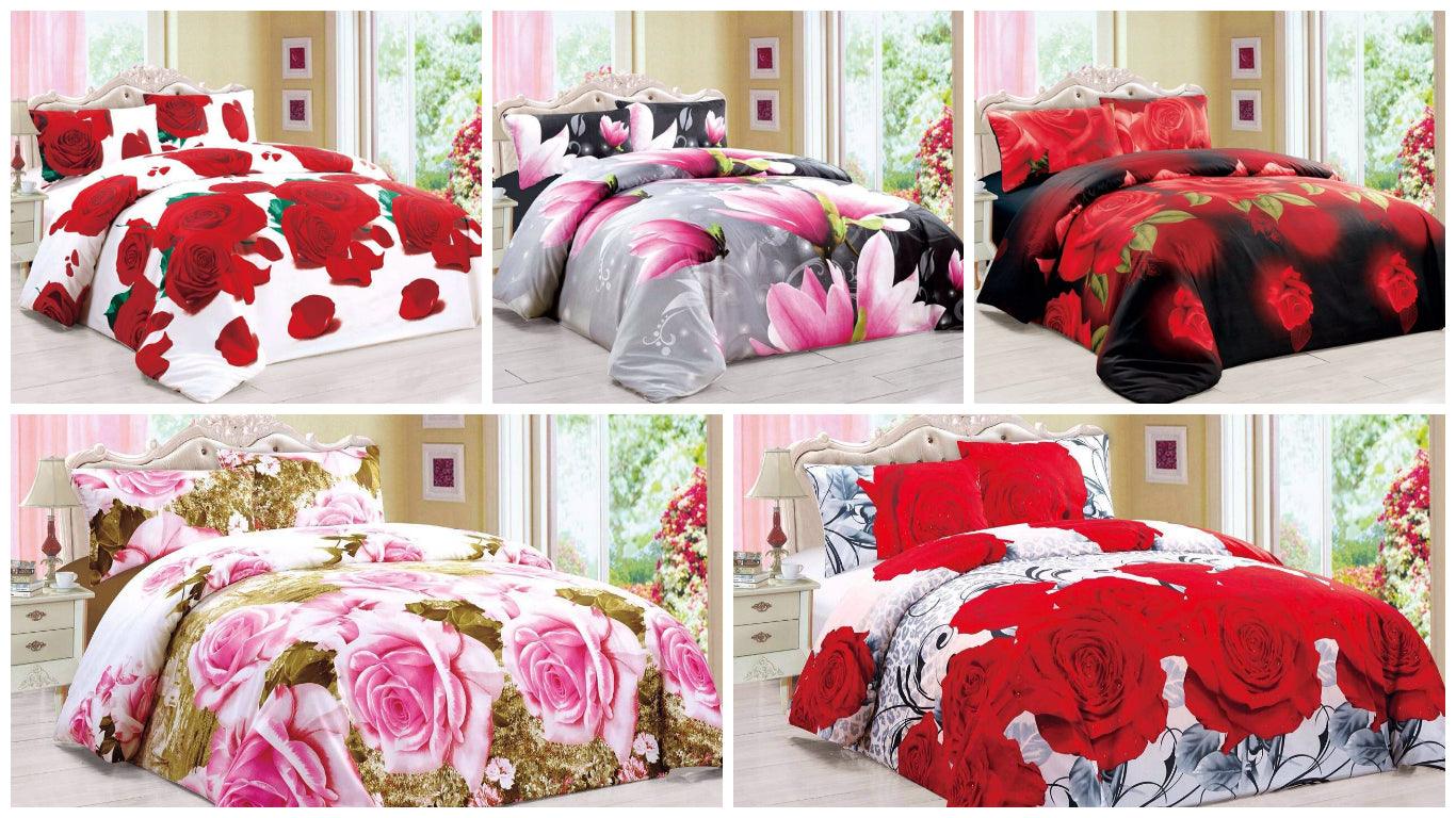 NEW 3D Effect Flowery Complete Bedding Set (DUVET QUILT COVER + FITTED SHEET + PILLOWCASES) ~ 150GSM Microfibre Fabric - Comfort Style