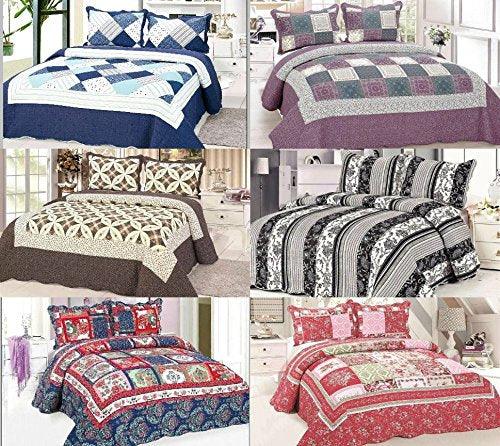 Luxury Designers BEDSPREADS - Quilted Patchwork 100% COTTON - Bedspreads + 2 Matching Pillow Cases FREE, Bed Throw Fits Double & King Sizes - Comfort Style