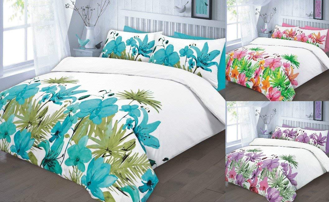 MODREN DUVET SETS LILY - Duvet Cover & 2 Matching Pillow Cases - FLORAL PRINTS ON POLYCOTON, Single Double King & Super King UK SIZES - Comfort Style