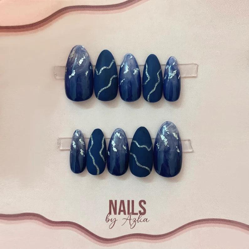 Navy Blue Silver Foil Marble Reusable Press On Nails - Comfort Style