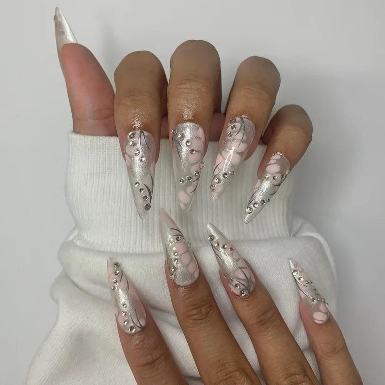 Y2K Cyber Silver Chrome Pink Rhinestone Reusable Press On Nails - Comfort Style