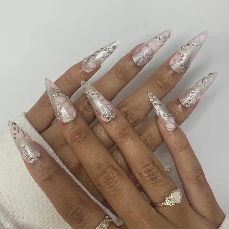 Y2K Cyber Silver Chrome Pink Rhinestone Reusable Press On Nails - Comfort Style