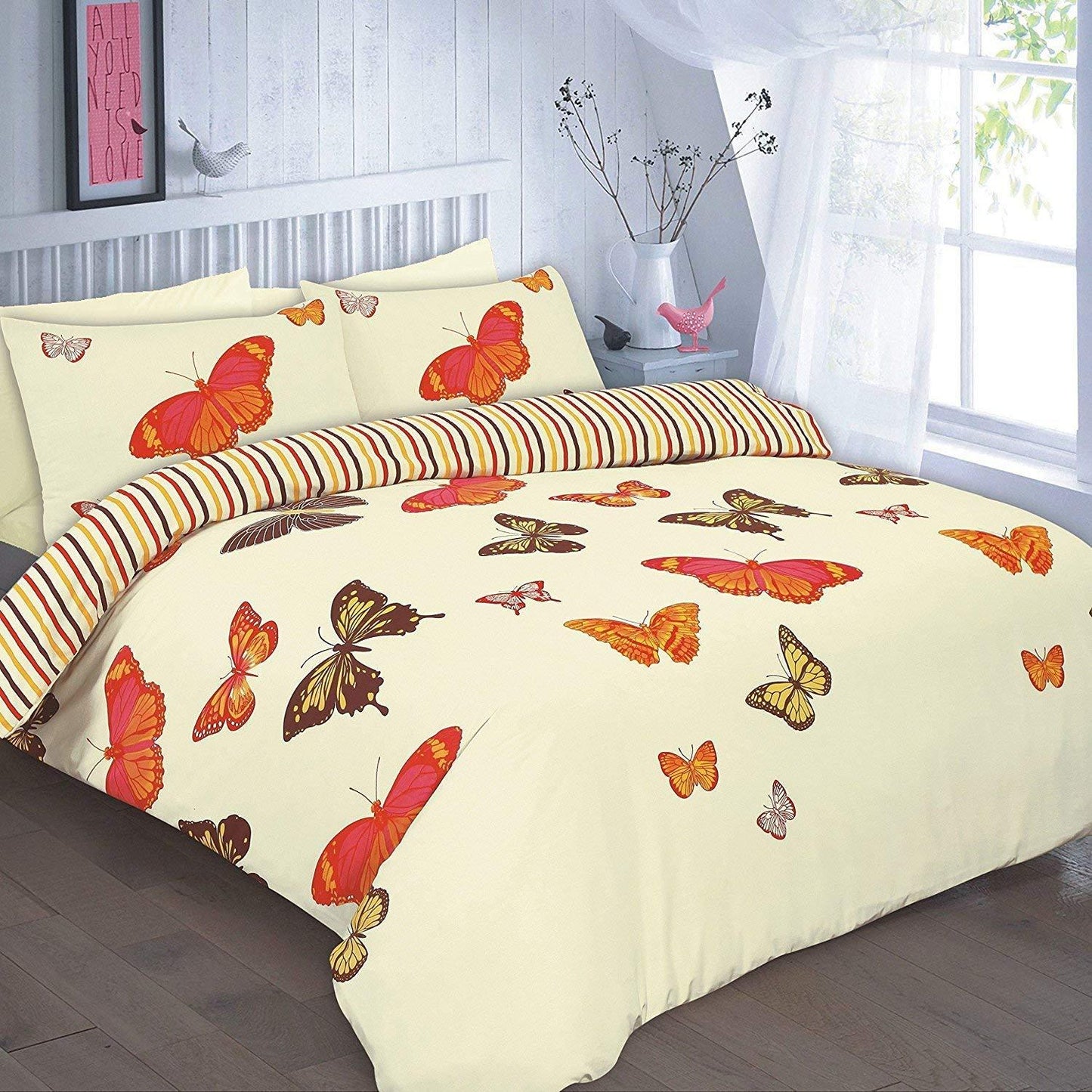 ELSA LUXURY BEDDING - DUVET COVER PLUS 2 MATCHING PILLOW CASES, FLORAL PRINTED BUTTERFLY ON POLYCOTON SOPHISTICATED BEDDING ALL UK SIZES NEW (DOUBLE, ELSA - LILAC) - Comfort Style