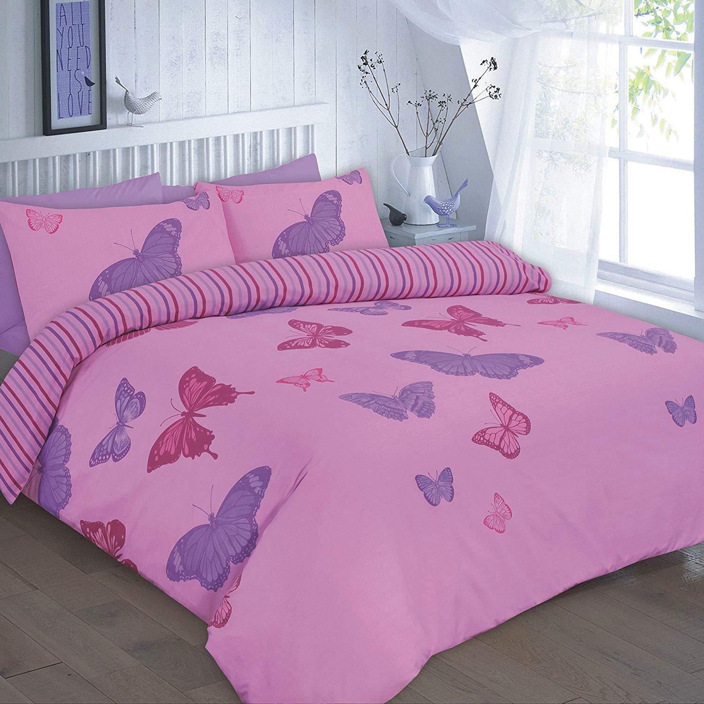 ELSA LUXURY BEDDING - DUVET COVER PLUS 2 MATCHING PILLOW CASES, FLORAL PRINTED BUTTERFLY ON POLYCOTON SOPHISTICATED BEDDING ALL UK SIZES NEW (DOUBLE, ELSA - LILAC) - Comfort Style