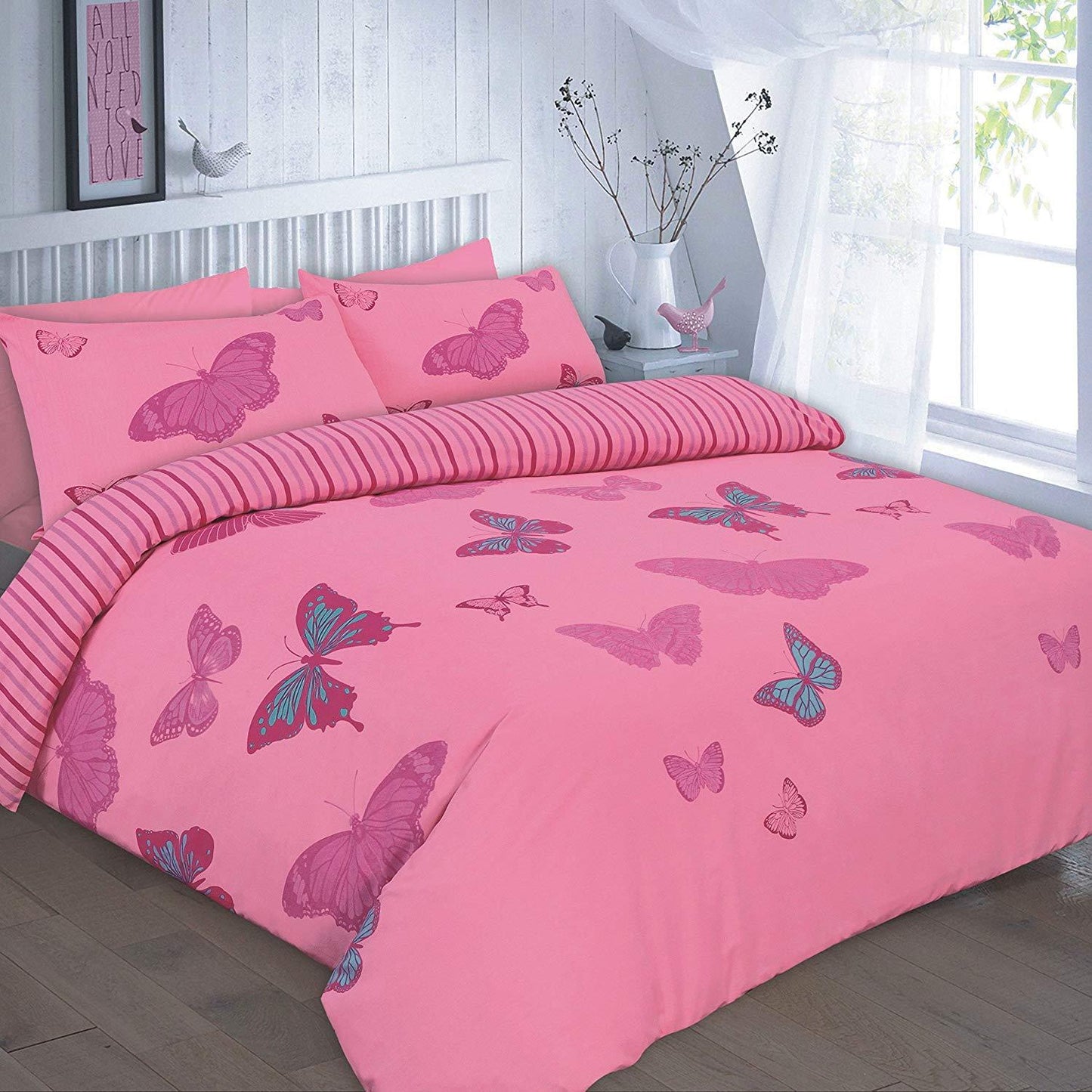 ELSA LUXURY BEDDING - DUVET COVER PLUS 2 MATCHING PILLOW CASES, FLORAL PRINTED BUTTERFLY ON POLYCOTON SOPHISTICATED BEDDING ALL UK SIZES NEW (DOUBLE, ELSA - LILAC) - Comfort Style