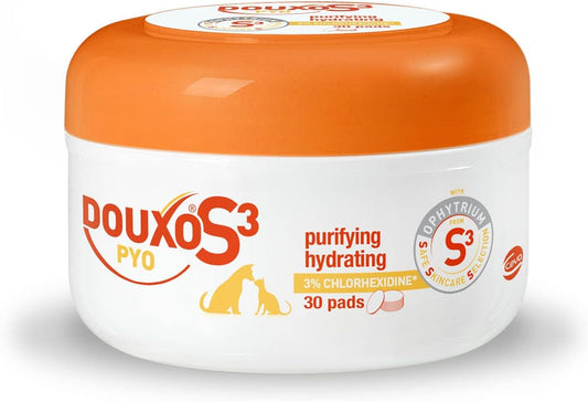 DOUXO S3 PYO Pads, Antibacterial & Anti-Yeast Dog And Cat Feet Wipes, Antiseptic Pads For Cats And Dogs, Soothing Pet Wipes for Cats And Dogs, Purifying & Hydrating Dog Wipes, 30 Pads