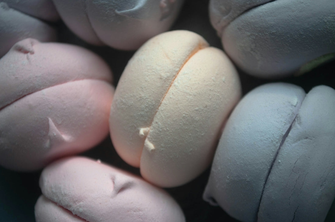 Pink, yellow, and purple soft marshmallows