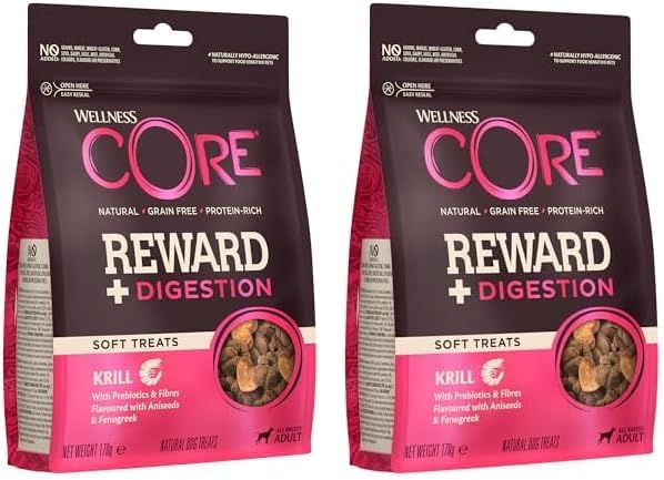 Wellness CORE Reward+ Digestion, 170g, Krill, Soft Dog Treats for All Dog Breeds, All-Natural, Grain-Free, High Meat Content, Protein-Rich, Supports Healthy Digestion - Comfort Style