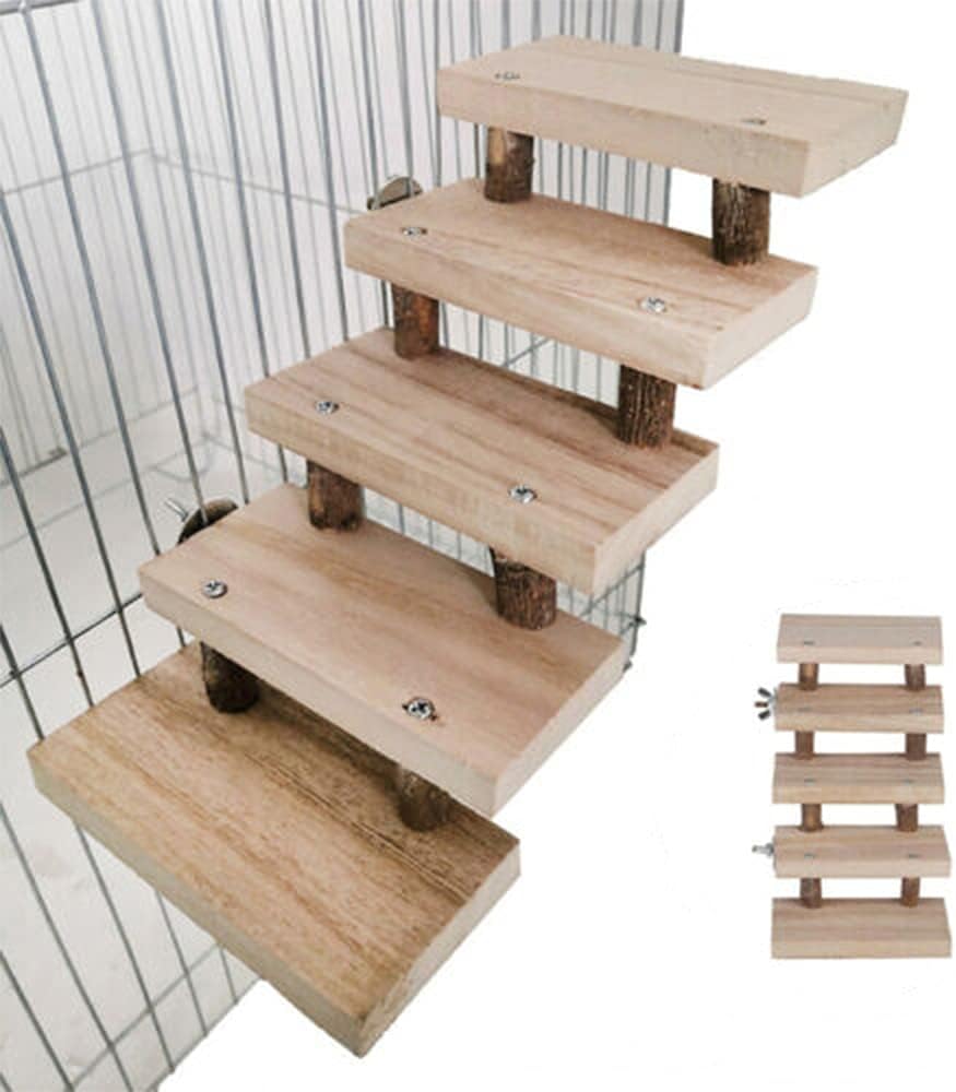 NganSuRong Natural Wooden Hamster Parrot Bird Cage Toy Pet Mouse Climbing Swing 5 Layers Ladder Stairs Platform Bridge Springboard Training Tool - Comfort Style