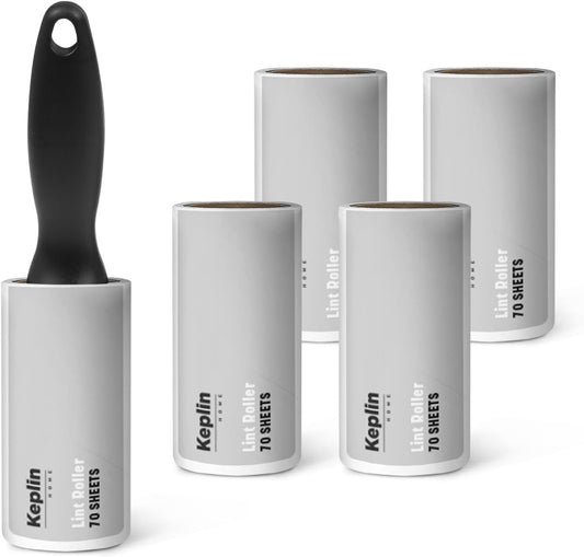 KEPLIN Lint Roller, 5 Sticky Replacement Heads with 1 Handle, Total 350 Easy Peel Sheets, Quickly Removes Animal Fur, Cat & Dog Hair, Dust & Fluff from Clothes, Furniture, Carpet (5 Pack / 350 Sheets) - Comfort Style