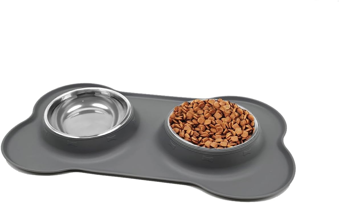 Dog Bowls, Puppy Bowl YOKA Double Stainless Steel Dog Bowl with Non-Spill & Non Slip Silicone Mats Tray, Cat bowls for Cats Puppies Small Dog Food Water Feeding (Each Bowl 200ML*2,Grey) - Comfort Style