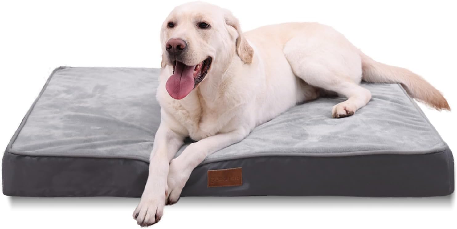 Jaspuriea Large Orthopedic Dog Beds Large Washable with Waterproof Removable Cover, Anti-Slip Large Dog Bed, Deluxe Flannel Comfy Dog Crate Mattress, Grey, 90x60x9cm - Comfort Style