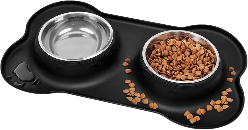 Dog Bowls, Puppy Bowl YOKA Double Stainless Steel Dog Bowl with Non-Spill & Non Slip Silicone Mats Tray, Cat bowls for Cats Puppies Small Dog Food Water Feeding (Each Bowl 200ML*2,Grey) - Comfort Style