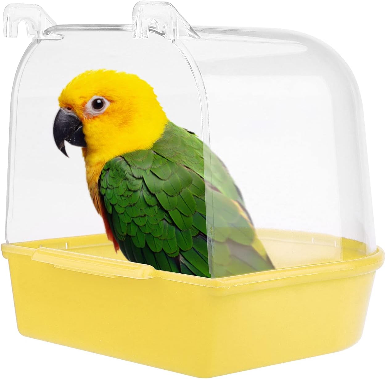 Bird Bath Tub,Hanging Bathtub Bird Cage Supplies with Hooks,Water Shower Transparent Box Food Feeder Holder Tray for Small Birds, Canary, Budgies,Parrot 13X14X13cm (Yellow) - Comfort Style