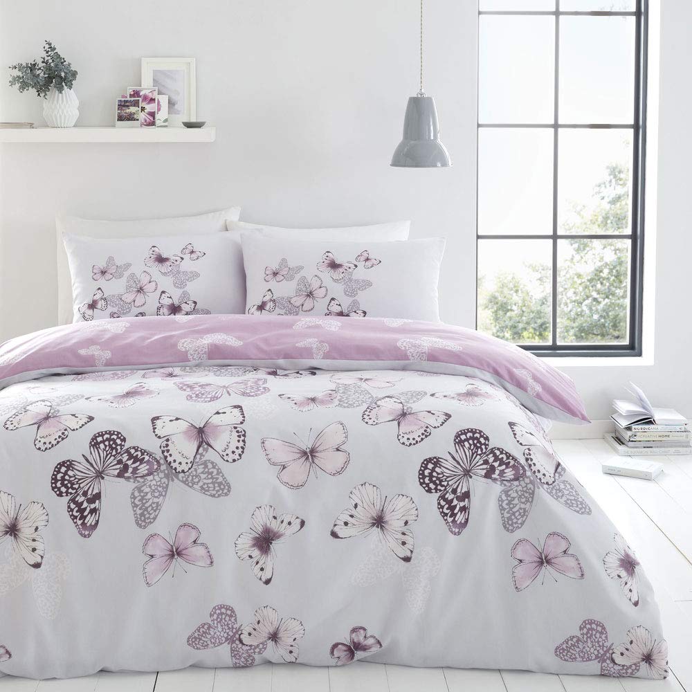 Catherine Lansfield Bedding Scatter Butterfly Duvet Cover Set with Pillowcases Heather - Comfort Style