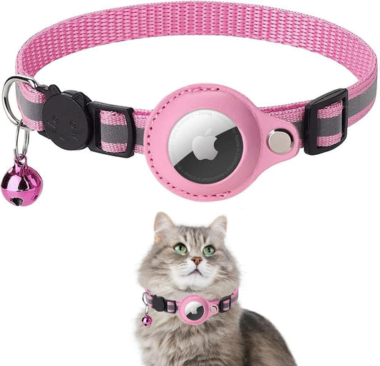 Airtag Cat Collar, Air tag Cat Collar with Bell and Safety Buckle in 3/8" Width, Reflective Collar with Waterproof Airtag Holder Compatible with Apple Airtag for Cat Dog Kitten Puppy (Pink B) - Comfort Style