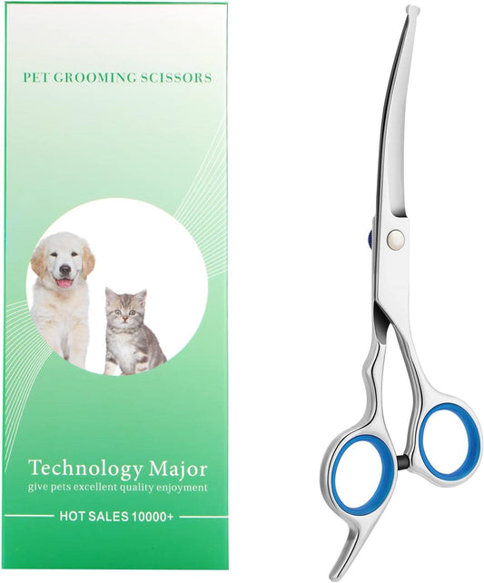Dog Grooming Scissors with Safety Round Tip, Pet Dog Cat Curved Grooming Shears Scissors, Stainless Steel Pet Grooming Tools (Silver Down Curved Scissor) - Comfort Style
