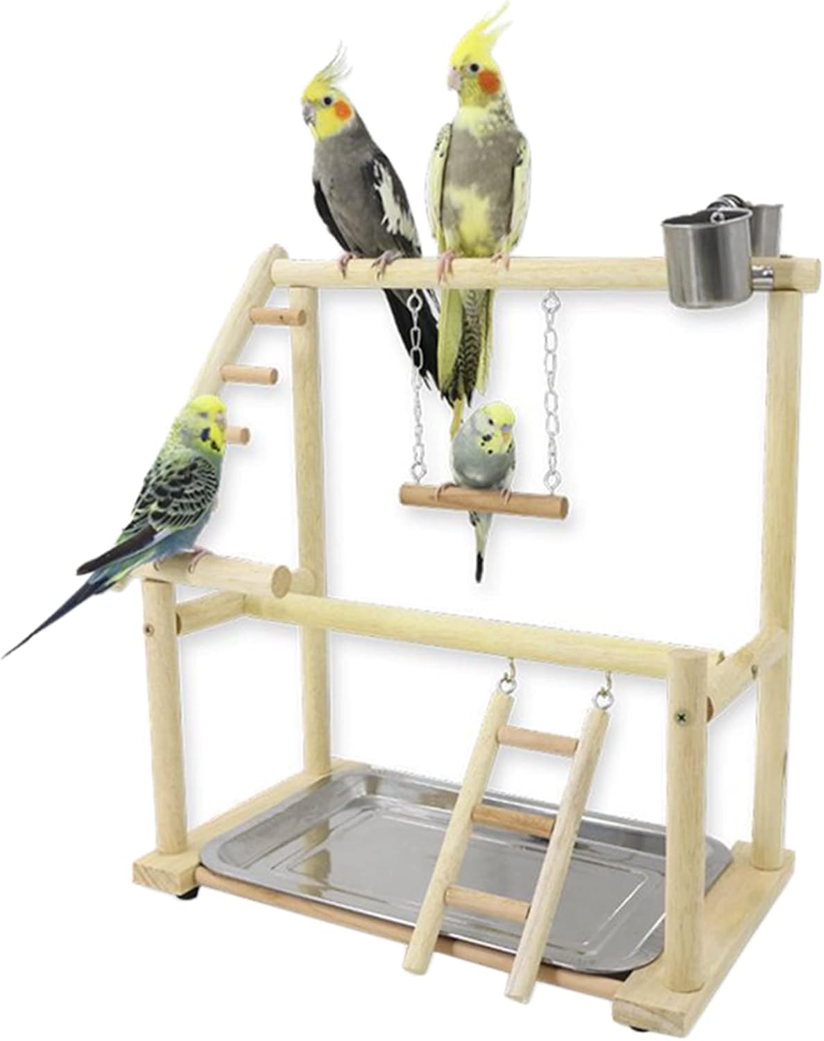 WishesMar Bird Playground Parrot Play Stand with Feeder Cup Swing Climb Ladder and Tray Budgie Playground Cage Exercise Gym Toys for Parakeets Cockatiel, Wooden, Size About 17.7x14.6x10.2 In #B - Comfort Style