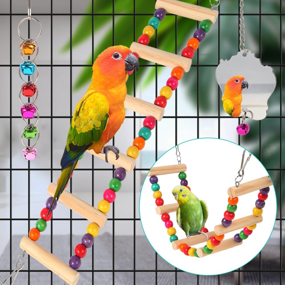 Bird Toys for Parakeets 9Pcs,Bird Wooden Ladder Bridge Parrots Toys Budgie Toys Bird Cage Accessories,Swing Hammock for Conure,Cockatiel,Love Birds, Finches, Mynah,Budgerigar - Comfort Style