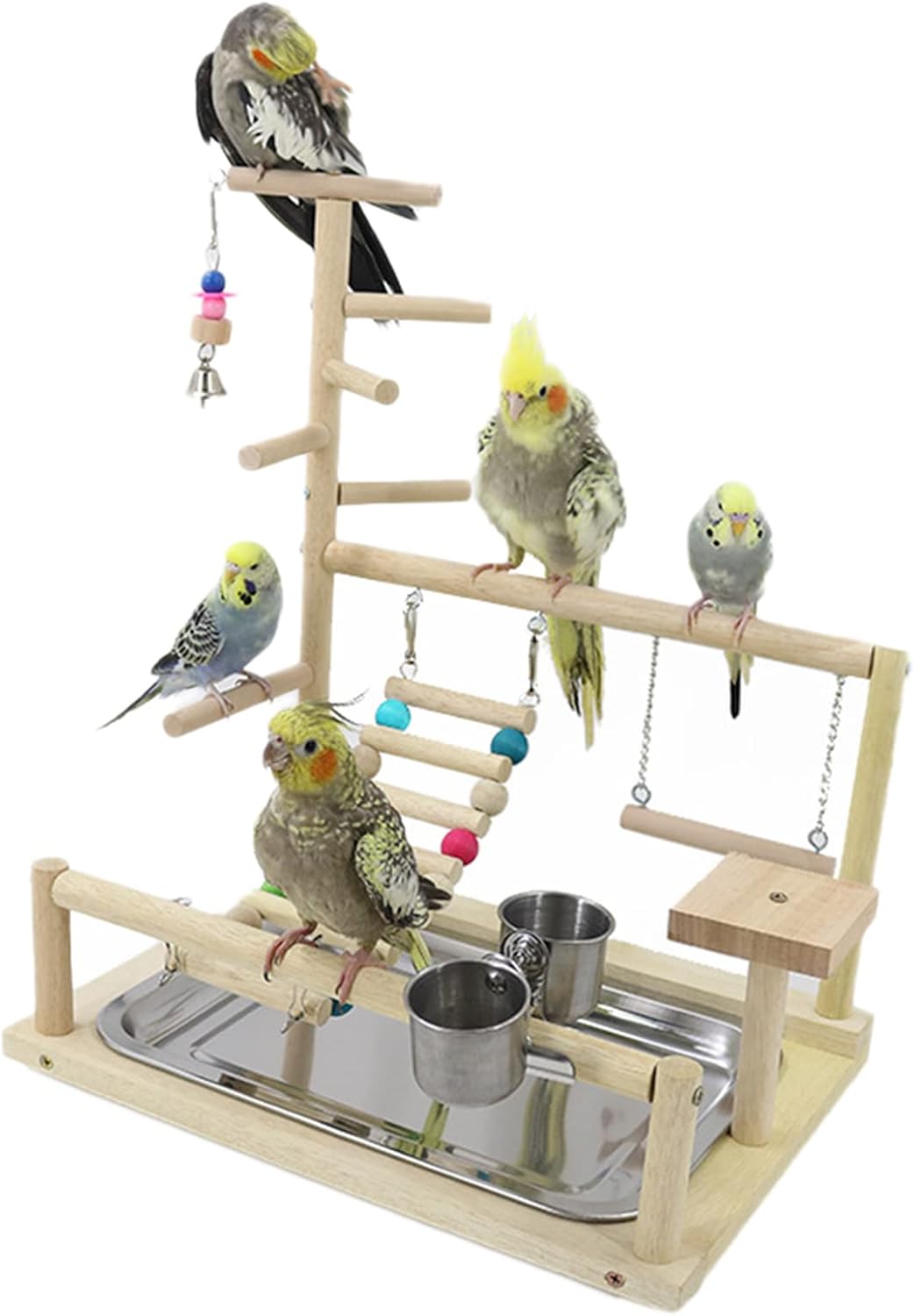 WishesMar Bird Playground Parrot Play Stand with Feeder Cup Swing Climb Ladder and Tray Budgie Playground Cage Exercise Gym Toys for Parakeets Cockatiel, Wooden, Size About 17.7x14.6x10.2 In #B - Comfort Style