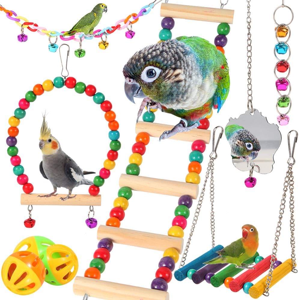 Bird Toys for Parakeets 9Pcs,Bird Wooden Ladder Bridge Parrots Toys Budgie Toys Bird Cage Accessories,Swing Hammock for Conure,Cockatiel,Love Birds, Finches, Mynah,Budgerigar - Comfort Style