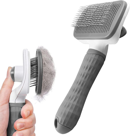 Dog Brush Cat Brush Grooming Comb,Self Cleaning Cat Dog Slicker Brushes with Smooth handle,Pet Grooming Tool with Cleaning Button for Cat Dog Shedding Brush Cat Dog Massage Clean Tangled Brush(Grey) - Comfort Style