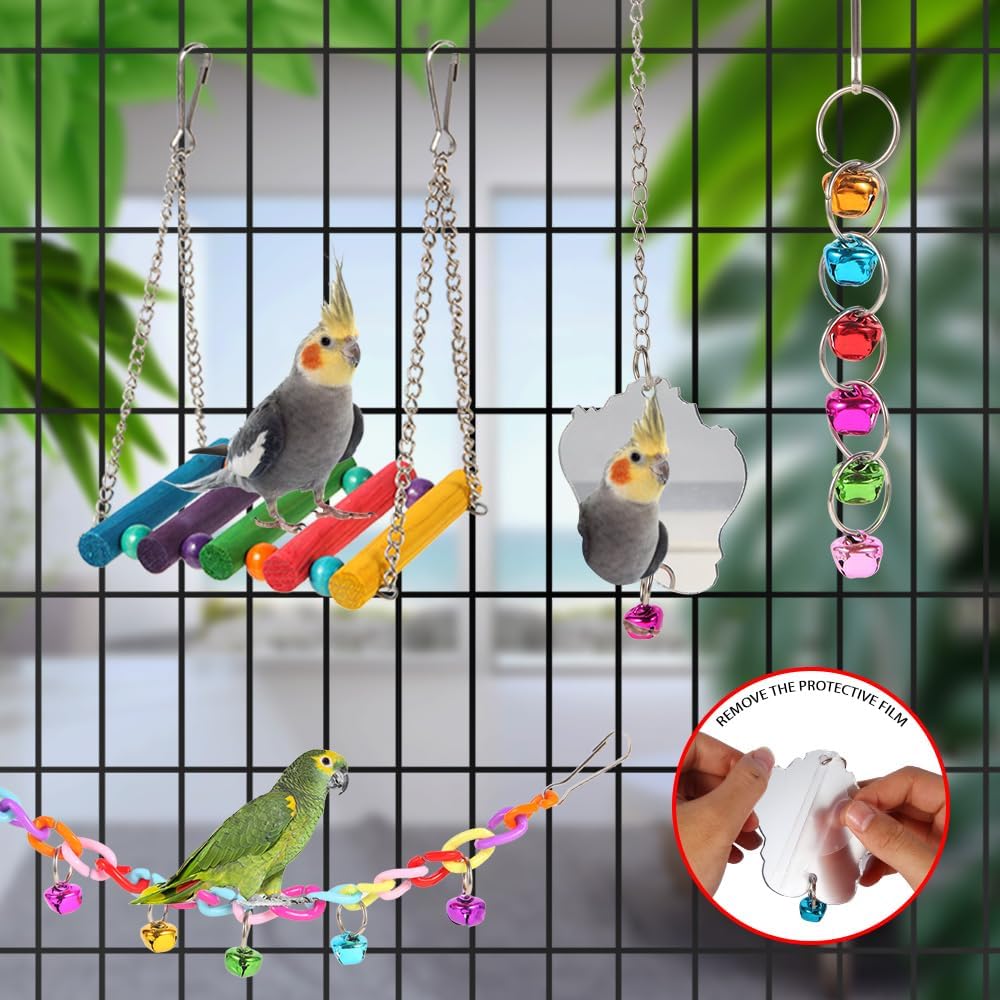 Bird Toys for Parakeets 9Pcs,Bird Wooden Ladder Bridge Parrots Toys Budgie Toys Bird Cage Accessories,Swing Hammock for Conure,Cockatiel,Love Birds, Finches, Mynah,Budgerigar - Comfort Style