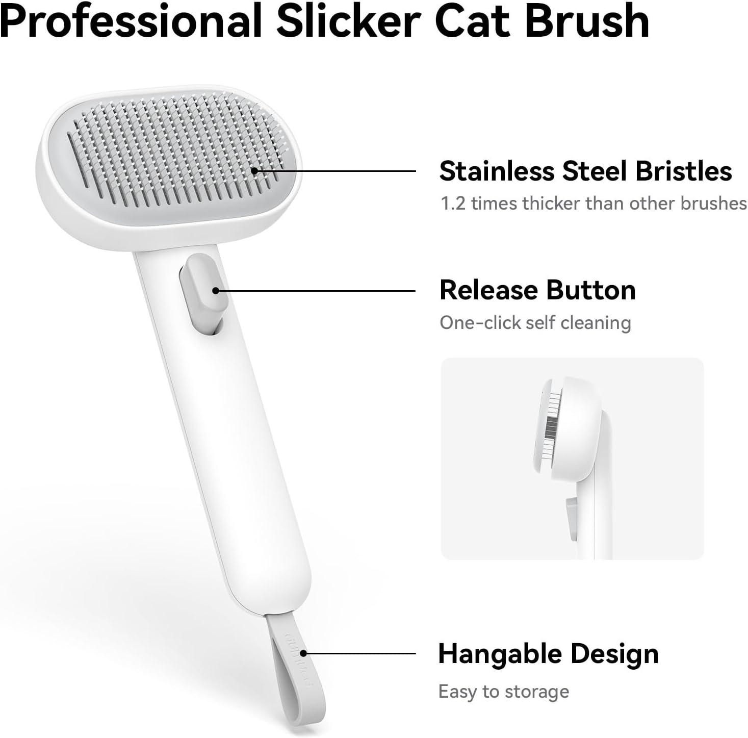 aumuca Cat Brush with Release Button, Cat Grooming Brush for Long or Short Haired Cats, Cat Hair Brush for Shedding Cat Comb for Pets Removing Loose Fur and Massage, White - Comfort Style