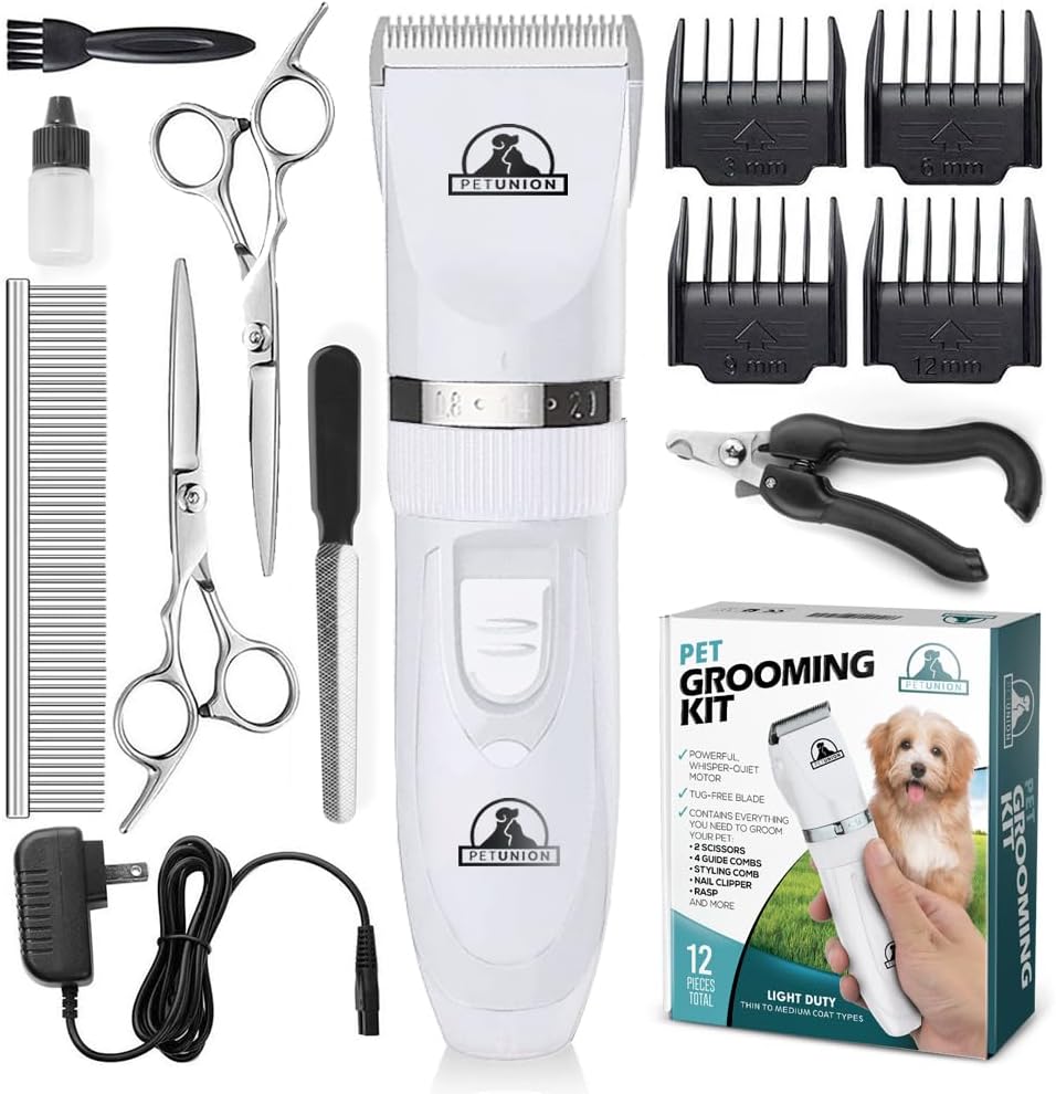 Pet UnionProfessional Dog Grooming Kit - Cordless Low Noise Dog Clippers for Grooming Thick Coats - All Pet Safe Cat Hair Trimmer - Pet Grooming Kit Includes Dog Hair Clippers, Nail Trimmer & Shears - Comfort Style