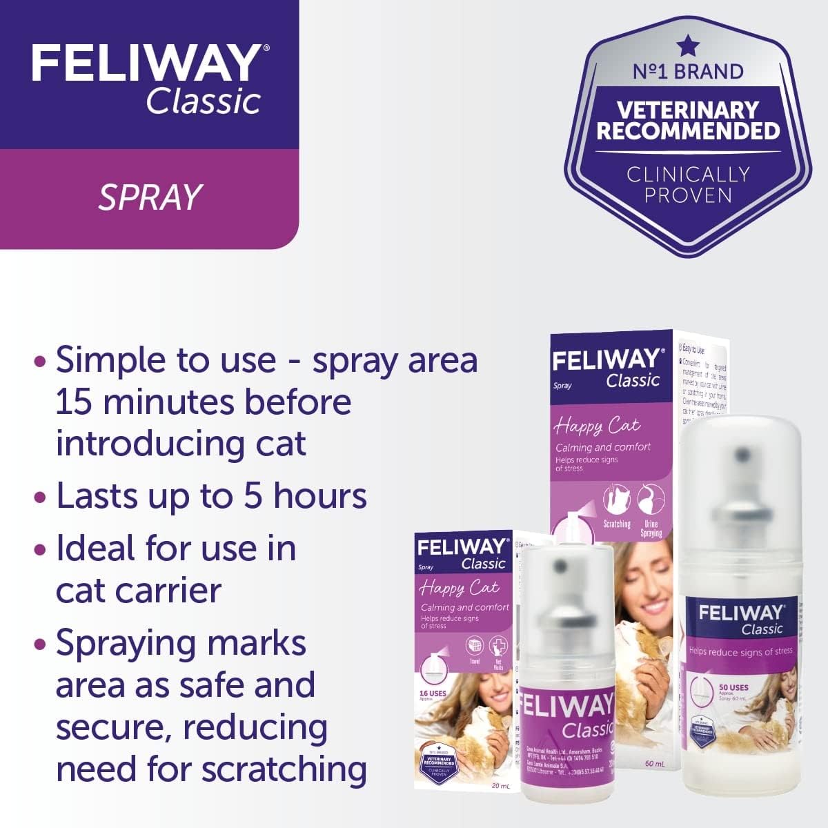 Feliway Classic 20ml Spray, 20ml Anxiety Relief Feliway Classic Pheromone Spray For Cats With Approximately 16 Uses, Calm Your Cat And Reduce Behavioural Issues And Stress With Feliway Classic - Comfort Style